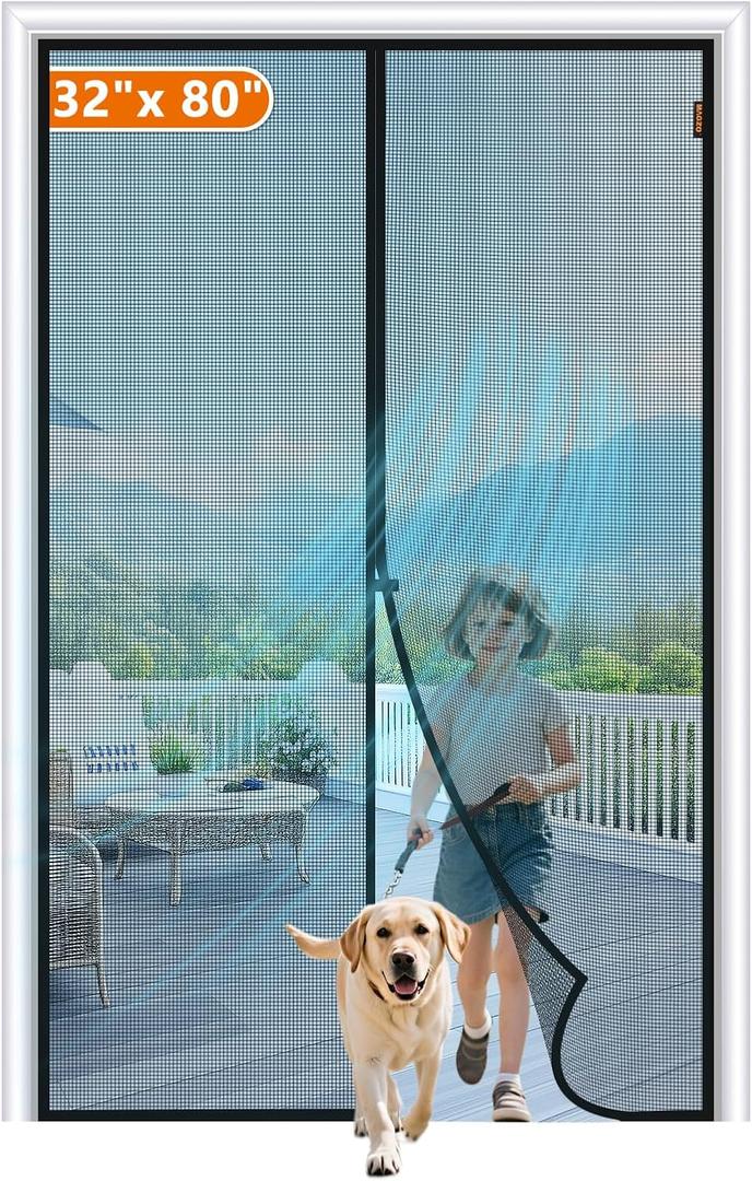 MAGZO Magnetic Screen Door Fit Door Size 32 x 80 Inch, Screen Size 34" x 81" Strong Magnet Door Mesh with Reinforced Hook & Loop for Patio Door, Front Door, Doorway, Black