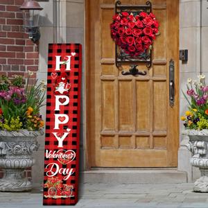 Valentine Porch Sign Wooden Door Sign 8 x 47 Inch Welcome Gnome Pink Red Heart Porch Decor Hanging Happy Valentines Decoration Outdoor Indoor for Home Front Door Yard Party(Plaid)