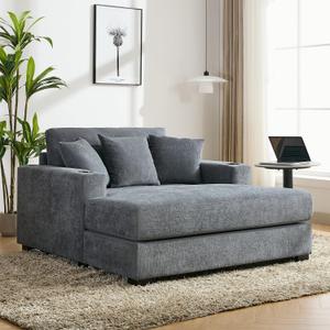 55" Oversized Chaise Lounger Modern Style Sofa Couch,with Pillows, Charge Station & Cup Holders, Chenille Fabric, Blue Gray