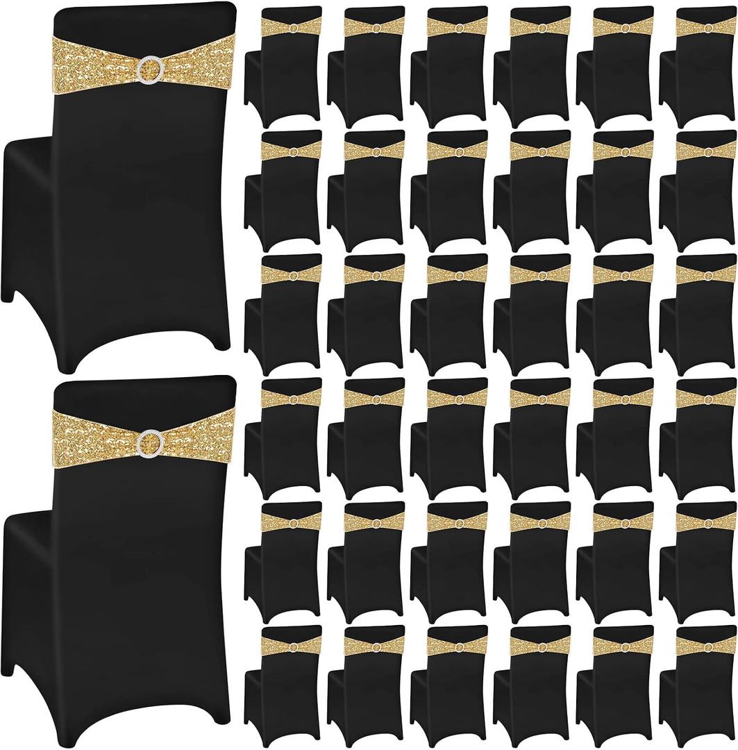 Chumia 100 Pcs Chair Covers and Sashes, Spandex Stretch Chair Slipcovers with Shiny Bowknot for Wedding Party Banquet Anniversary Events Dining Decor (Black,Gold)