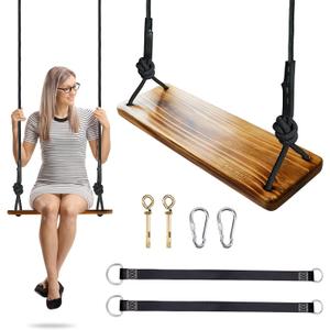 Carbonized Hanging Wooden Swing, 24"x 8"x 1.2" Tree Swing for Adults Kids with 500lbs Load, Adjustable Climbing Rope Plus Tree Straps 9.67FT, Wood Swing Set Seat for Outdoor and Indoor Use