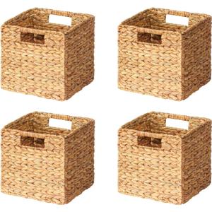 SpaceAid 4 Pack Wicker Basket, Storage Baskets for Organizing, Woven Rattan Basket with Handles for Shelves, Water Hyacinth Large Cube Organizer Storage Bin, 10.5x10.5x10.5 inch, Natural