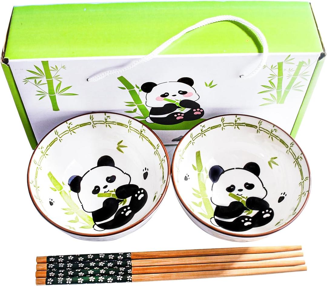 Cute Ceramic Rice Bowl Set with Bamboo Design and Chopsticks Set of 2