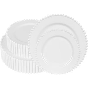 60 Pcs White Plates, Beaded Design Disposable Plastic Plates for 30 Guests, Fancy Party Dishes 7.5 inch Dessert Plate and 10 inch Dinner Plate for Party, Bridal Shower