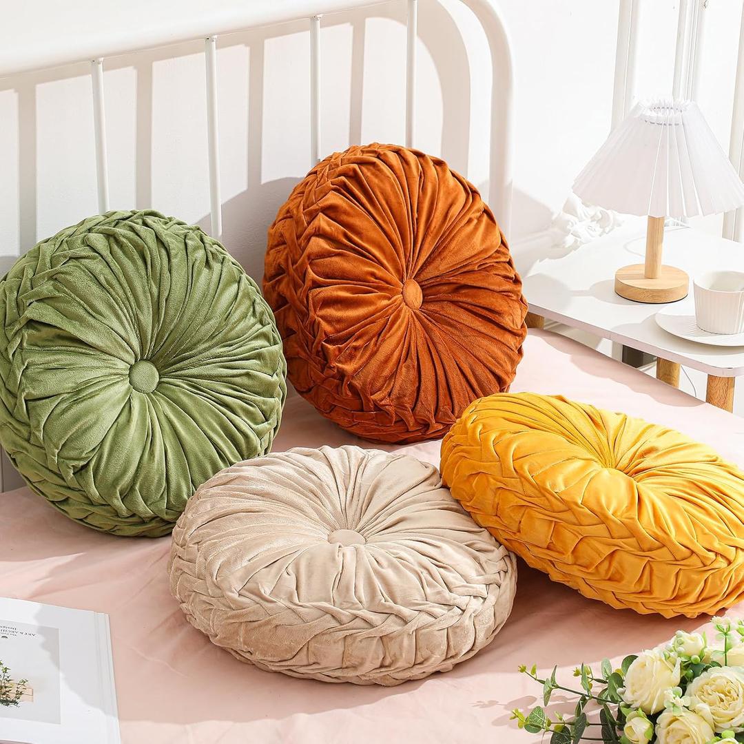 4 Pcs Round Throw Pillows Decorative Pleated Throw Pillows 15'' Diameter Accent Pumpkin Boho Chair Cushion for Couch Sofa Home Decoration (Fall Color)