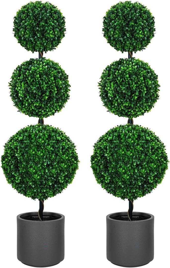 3FT Artificial Triple Ball Topiary Trees with Gray Planter Pot, Outdoor Indoor Realistic Faux Shrubs Plants, Fake Trees for Home Offices Porch Decor, Set of 2