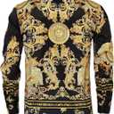 Mens Luxury Brand Print Silk Satin Design Button Down Dress Shirt (L)