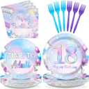 Grencian 96Pcs 18th Birthday Decorations Iridescent 18th Birthday Party Plates Disposable Happy 18 Bir-thday Paper Tableware Set for Teen Girls 18 Years Old Party Supplies Serves 24