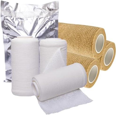 4" Unna Boot Bandage Gauze Dressing with Zinc Oxide [4” x 10 Yards] Provides Customized Compression + Self Adhesive Cover Wrap (3 of Each) Individually Packaged + Vakly 1st Aid Kit Guide