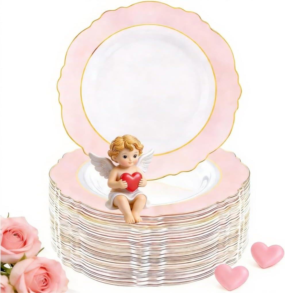 WDF 60pcs Pink Plastic Plates - 10.25inch Baroque Pink And Gold Disposable Dinner Plates for Upscale Parties -Special for Valentine's Party, Wedding, Birthdays