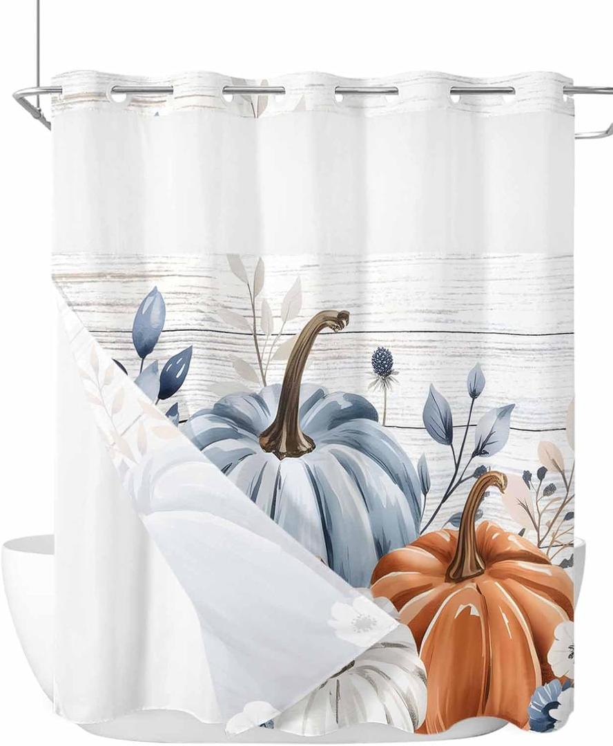 Fall Thanksgiving No Hook Shower Curtain with Snap in Liner, Farm Autumn Pumpkins Curtain See-Through Top Double Layers Fabric Shower Curtains Country Plant on Wood Board for Bathroom Decor, 72x72in (Grey Orange Blue)