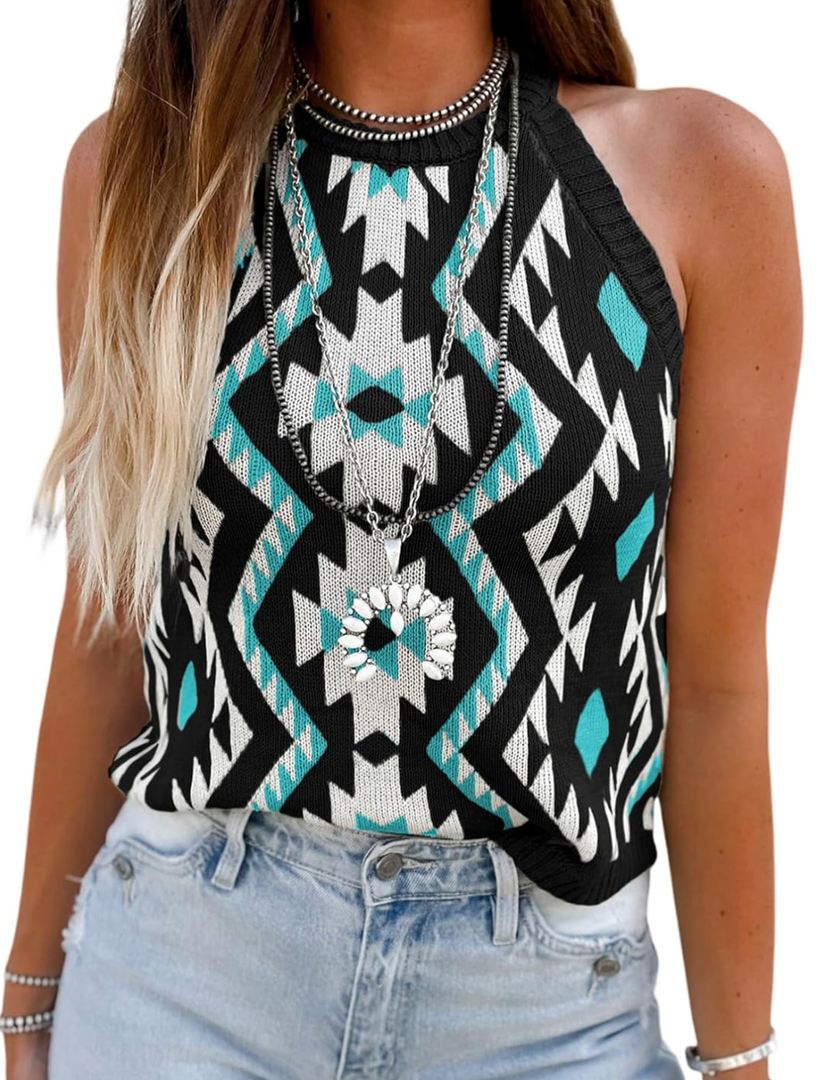 MARZXIN Women Sleeveless Sweater Tank Round Neck Casual Aztec Geometric Knit Sweater Top , Size L