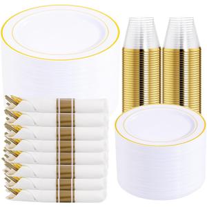 DaYammi 350PCS Gold Plastic Dinnerware Set for 50 Guests, Fancy Disposable Plates for Party, Include: 50 Dinner Plates, 50 Dessert Plates, 50 Pre Rolled Napkins with Gold Silverware, 50 Cups