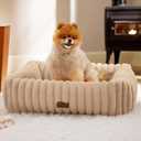 Bedsure ComfyFleece Cute Dog Bed for Small Medium Dogs - Washable Furry Puppy Beds, Rectangle Orthopedic Corduroy Fleece Pet Beds with Removable Zipper Cover, 25x21x7inches, Sandy Beige