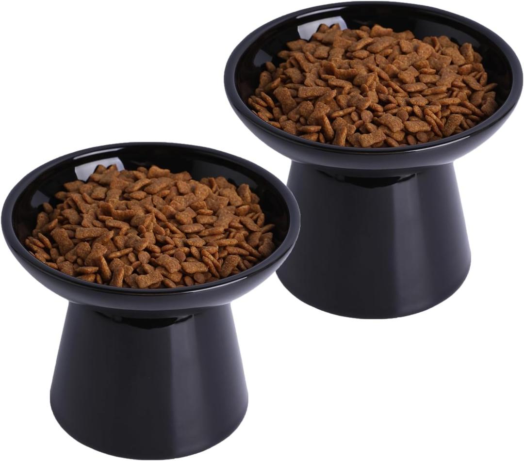 6.2 Inch Extra Wide Elevated Ceramic Cat Bowls, Food and Water Bowl Set for Elder Big Cats Small Dogs, Raised Design for Pet Easy Eating, Protect Cat's Spine Set of 2(Black)