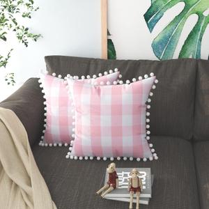Buffalo Check Throw Pillow Covers with Pom Poms Cotton Retro Farmhouse Gingham Cushion Case for Sofa Couch Car Plaid Decorative Set of 2 Square Pillowcase 12" x 12" Pink White