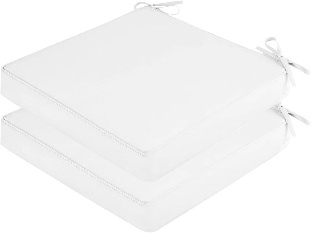 SK Studio Outdoor Chair Cushions for Patio Furniture, Set of 2 Waterproof Square Corner Memory Foam Patio Chair Cushion with Adjustable Ties Outdoor Seat Cushions, White, 16"x16"x2"