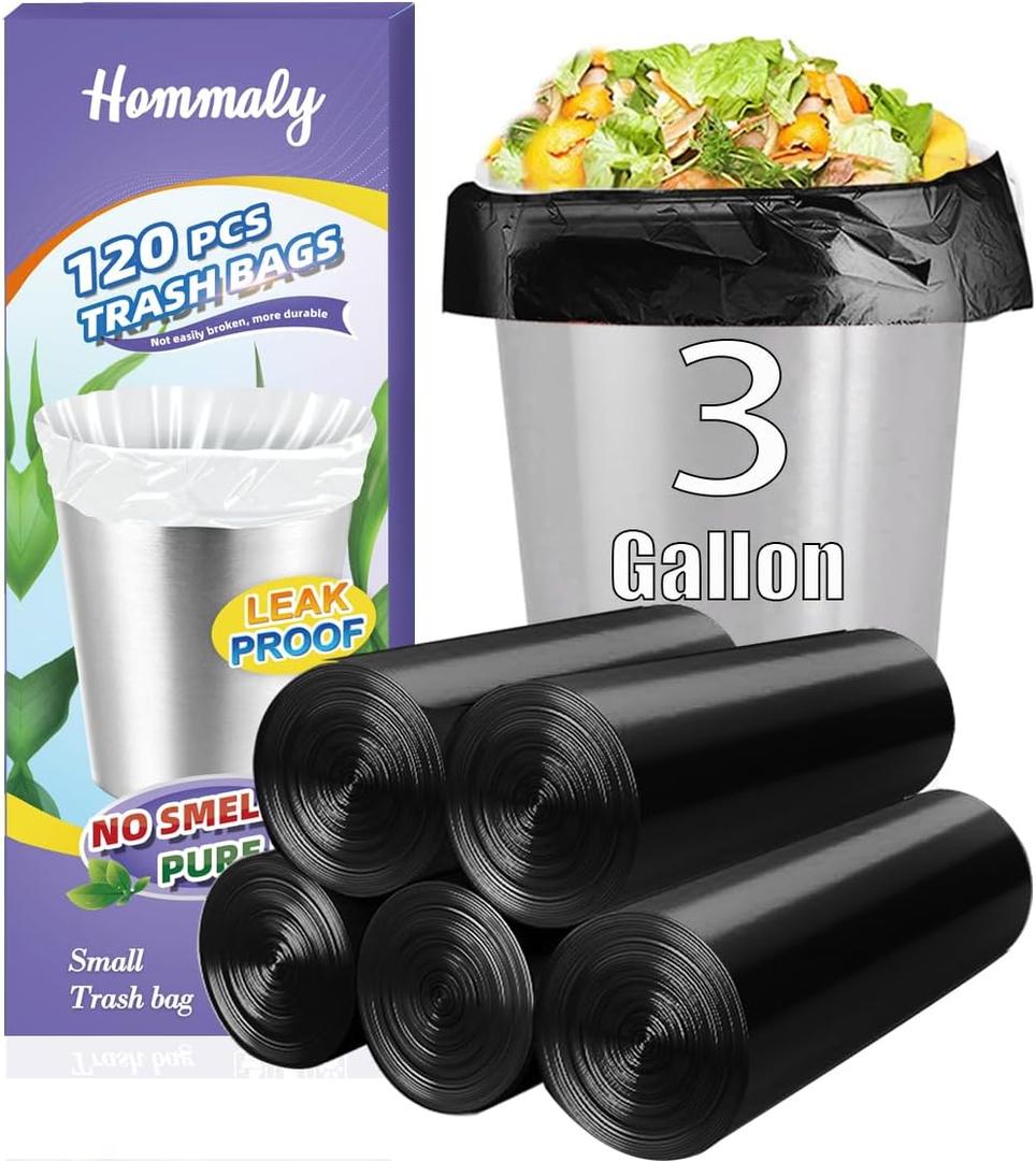 3 Gallon 120pcs Small black Trash Bags(Fit 3-3.2 Gal) Plastic Strong black Garbage Bags,Bathroom Trash Can Bin Liners,Waste Basket Liner,Fit 10-13 Liter, 2.6 Gallon,3 Gallon,3.2Gallon (3-Black120)
