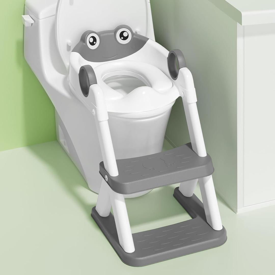 Frog Potty Training Seat, Upgrade Toddler Toilet Seat for Kids Boys Girls, 2 in 1 Potty Training Toilet for Kids, Splash Guard Anti-Slip Pad Step Stool (Gray)