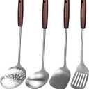 15 inch Large Spatula Slotted Turner Soup Ladle 304 Stainless Steel Wok Spatula Set Slotted Spoon for Cooking Utensils Set Long Wooden Handle Ladles Kitchen Metal Spatulas Cooking Spoons (Silver)