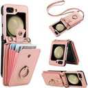 Asuwish Phone Case for Samsung Galaxy Z Flip 5 5G 2023 Wallet Cover with RFID Blocking Ring Crossbody Wrist Strap Stand Credit Card Holder Leather Cell ZFlip5 Z5 G Flip5 5Z Women Men Girls Rose Gold