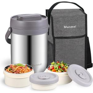Munmel Adults Lunch Vacuum Soup Thermo For Hot Food with Inserts Stackable Bento Box Storage Container,Width Mouth Stainless Steel Portable Insulated Food Jar (Silvery, 74 oz)