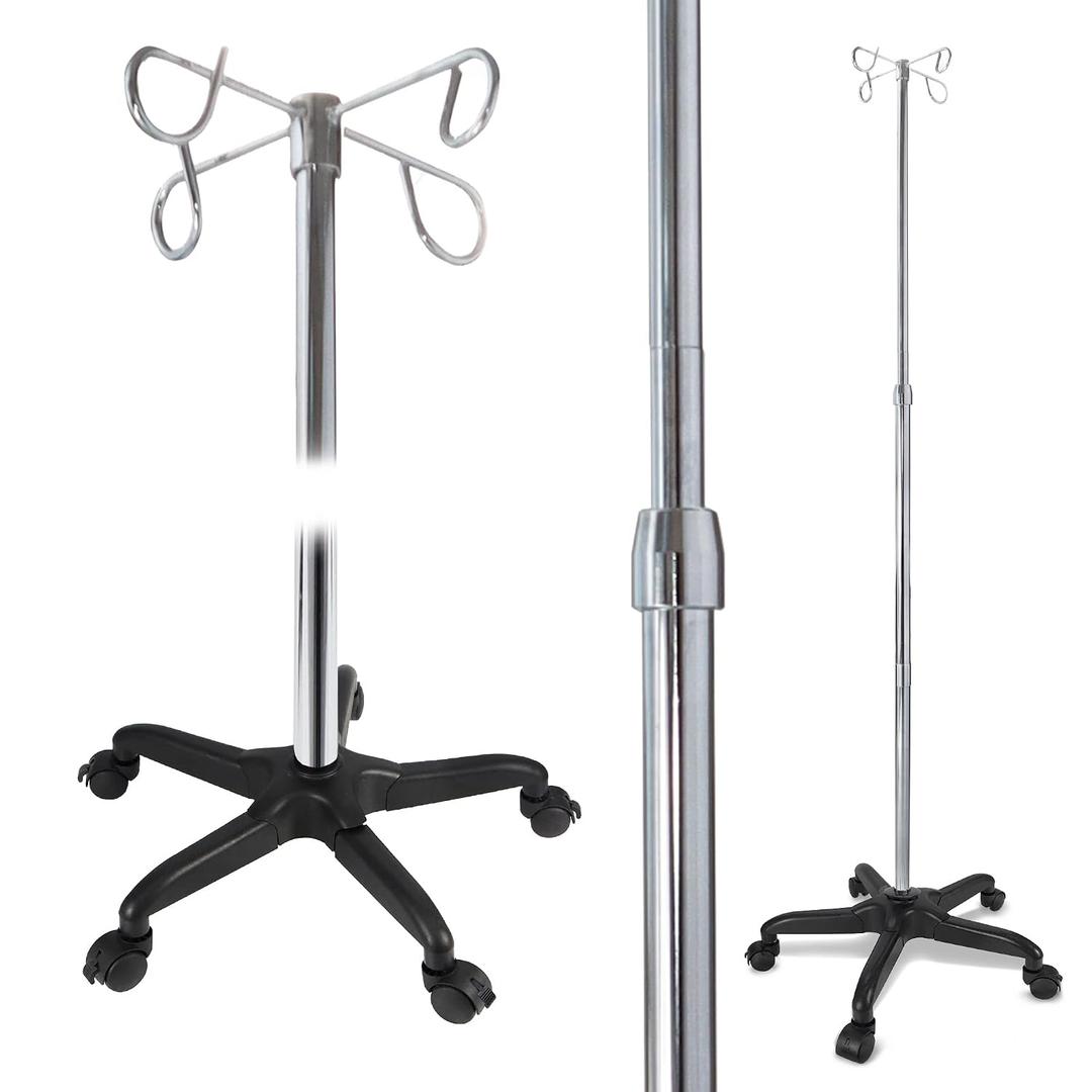 JJ CARE IV Pole with Wheels [Upgraded] 4 Hooks, 5 Caster Wheels with Lock Function, and Adjustable Height - Heavy Duty Plastic Base IV Stand Pole, IV Bag Holder, Infusion Stand - Chrome