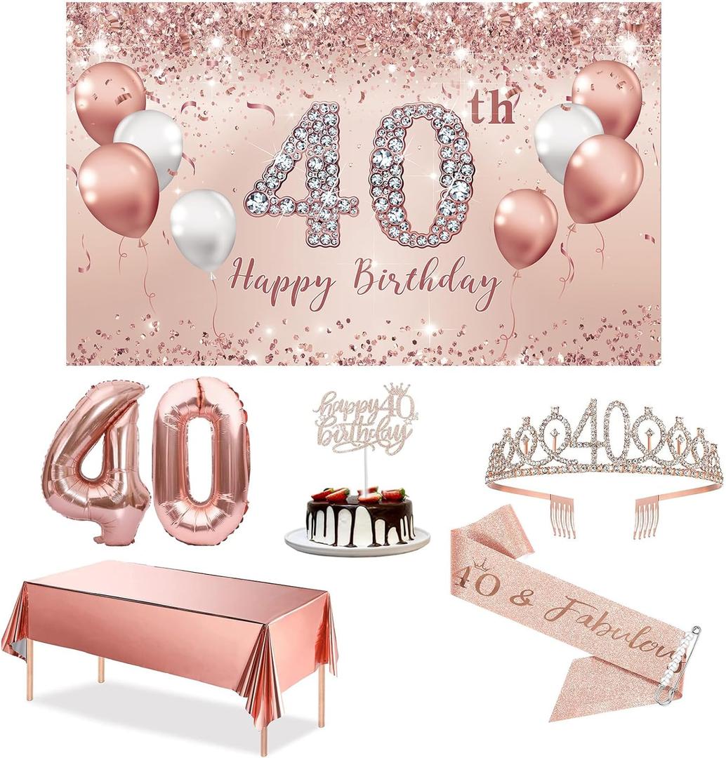 Trgowaul 40th Birthday Decorations Party Set for Women, Rose Gold 40 Birthday Banner and Tablecloth, 40 & Fabulous Sash and Tiara, 1PC Happy 40th Birthday Cake Topper, Pink Gold 40 Number Balloons