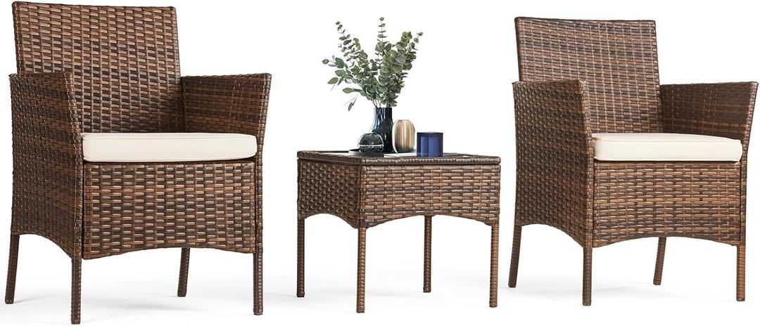 Sweetcrispy Patio Furniture Set 3 Pieces, Outdoor Furniture with Soft Cushion and Glass Table, All Weather Manual Weaving Wicker Rattan Patio Chairs for Garden, Terrace, Porch, Lawns, Brown