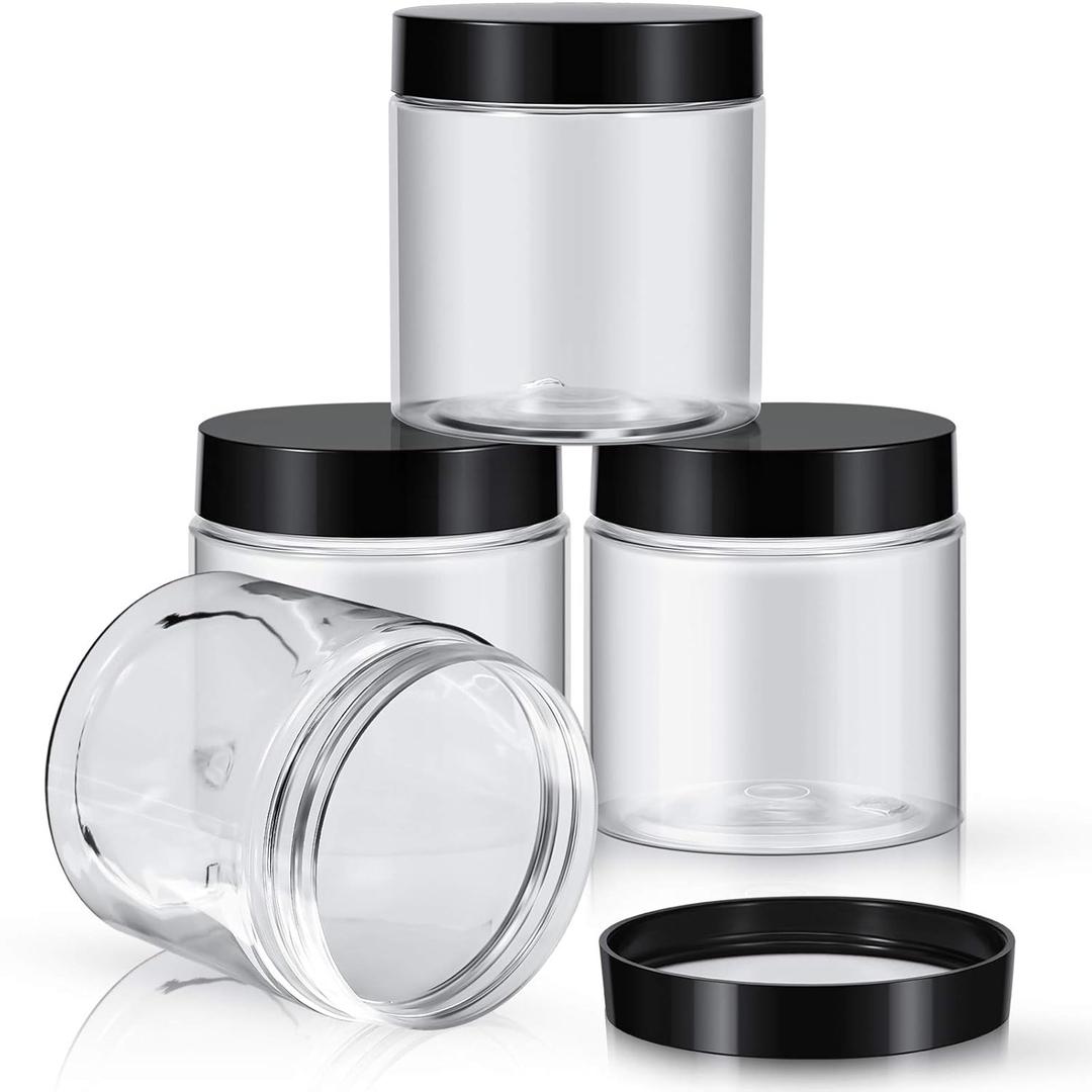 Patelai 4 Pieces Round Wide-mouth Leak Proof Plastic Container Jars with Lids for Travel Storage Makeup Beauty Products Face Creams Oils Salves Ointments DIY Making(8 Ounce,Black)