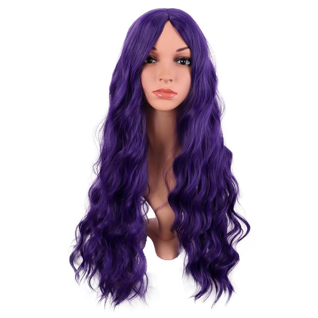 MapofBeauty 28 Inch/70 cm Long Wavy Middle Part with No Bangs Synthetic Fiber Curly Fashion Women Party Cosplay Wig (Dark Purple