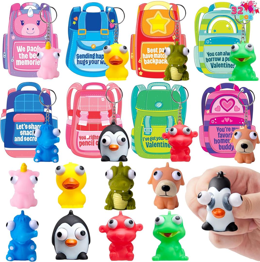 JOYIN 32 Pcs Valentines Day Pop-Eye Cute Keychains with Cards, Fidget Toys Squeezable Relief Stress for Toddlers Students, Kids Party Favors, Birthday Gifts, Classroom