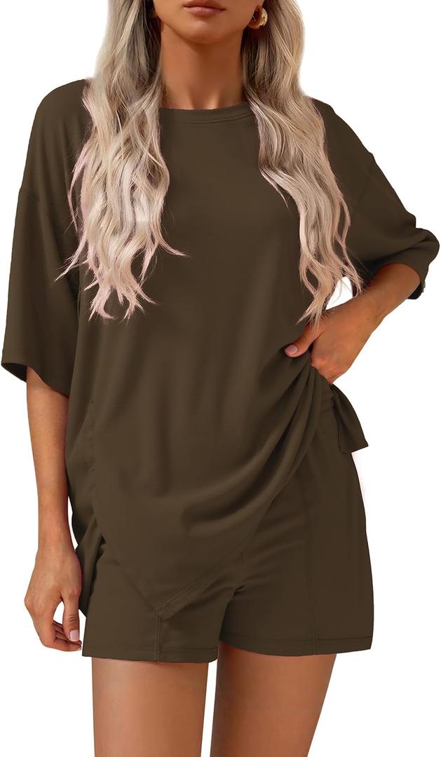 KIRUNDO 2 Piece Sets for Women Summer Lounge Sets Casual Oversized Tshirts Shorts Matching Airport Travel Outfit Postpartum (X-Large, Army Green)