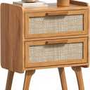 Lerliuo Rattan Nightstand, Boho Night Stand with 2 Drawers, Cane Accent Side End Table, Bedside Table with Solid Wood Legs for Bedroom, Dorm and Small Spaces (Tea Brown)