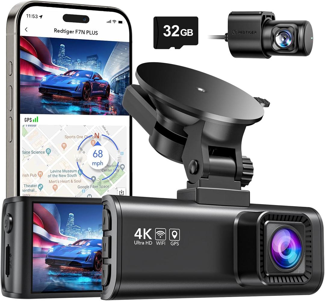 REDTIGER Dash Cam Front Rear, 4K/2.5K Full HD Dash Camera for Cars, Included 32GB Card, Built-in Wi-Fi GPS, APP Control, 3.18" IPS Screen, Night Vision, Wide Angle, WDR, 24H Parking Mode(F7NP)