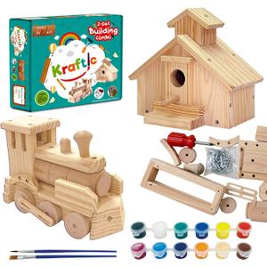 Kraftic Woodworking Building Kit for Kids and Adults, 2 Educational DIY Carpentry Construction Wood Model Kit Toy Projects for Boys and Girls  Build a Wooden Town Hall Birdhouse and Train