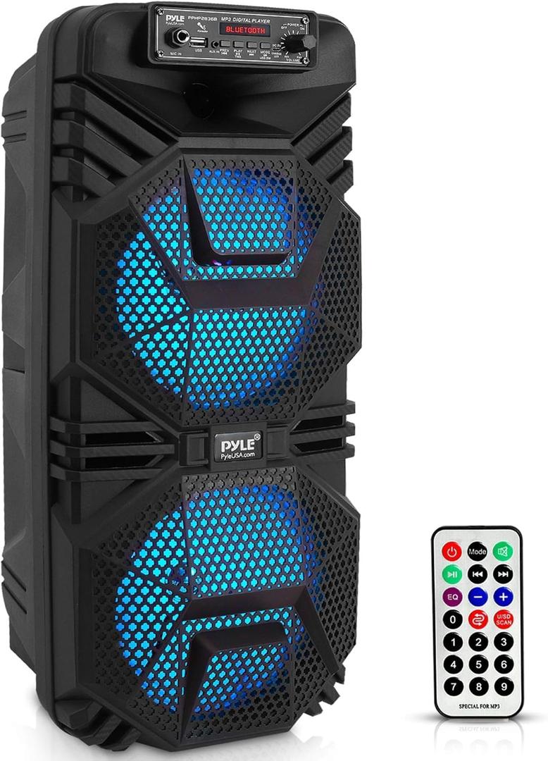 Pyle Portable Bluetooth PA Speaker System, 600W Rechargeable Outdoor Bluetooth Speaker Portable PA System with Dual 8” Subwoofer 1” Tweeter, Microphone in, Party Lights, USB, Radio, Remote