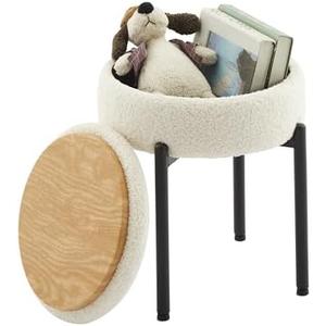 QLHousesuoH Vanity Stool Chair with Storage Multi-Functional Makeup Stool & Side Table Teddy Velvet, 4cm Foam Support Storage Chairs, 300lb Capacity for Bedroom Living Room Dressing Room (White+Black)
