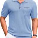 Cotrasen Mens Casual Knitted Polo Shirts Short Sleeve Collared Knit T Shirts Summer Golf Shirts with Pocket (X-Large, Haze Blue)