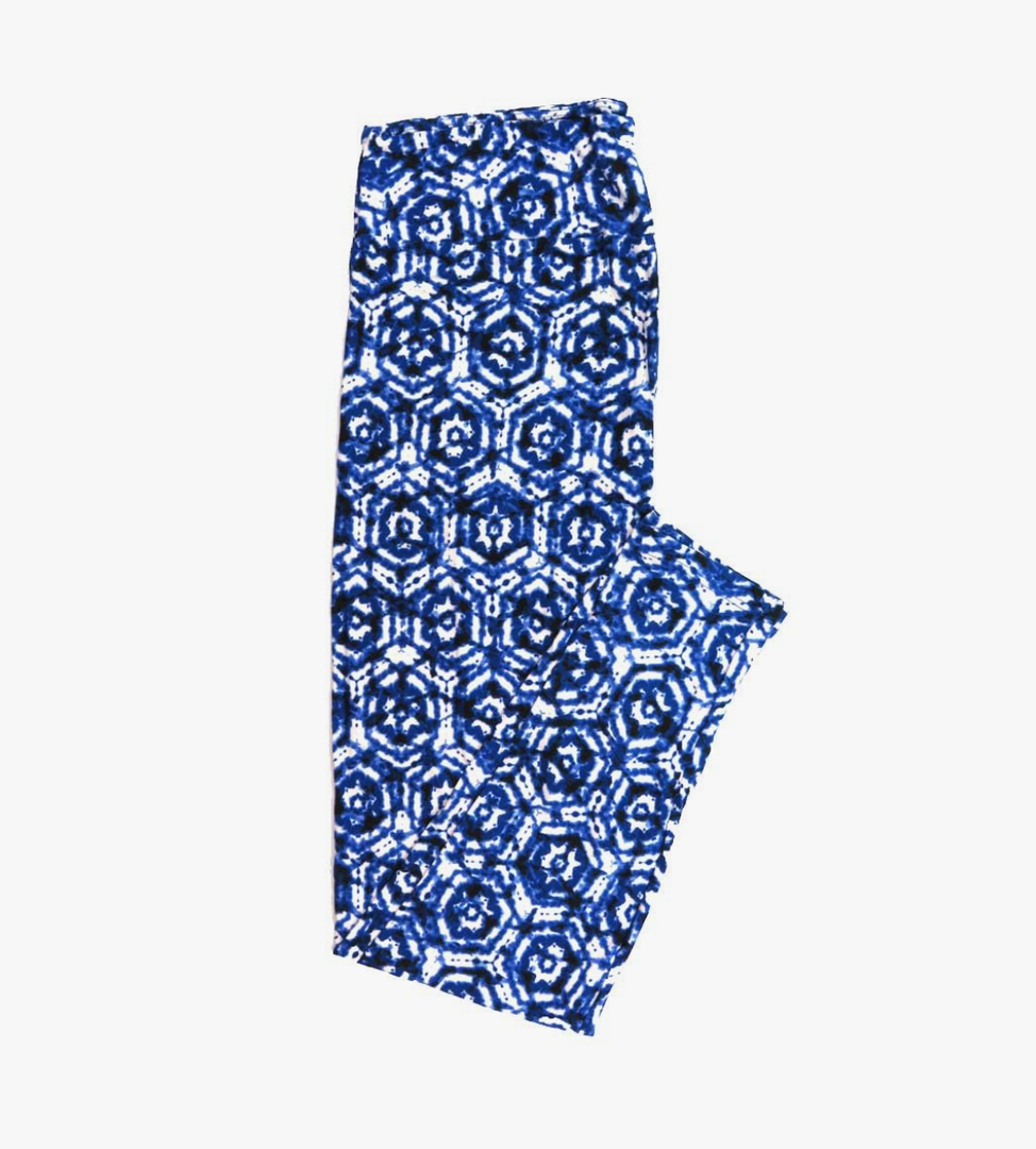 Lularoe Tall Curvy (TC fits Sizes 12-18) Mandala Hexagon Tye Dye Blue White Buttery Soft Adult Leggings, Pack Of 2