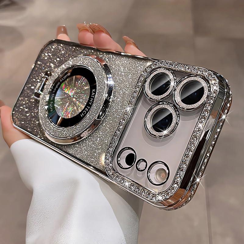 LXK Magnetic Stand for iPhone 17 Pro Max Case, [Compatible with Magsafe][Built-in Camera Lens Protector] Glitter Bling Card & Soft TPU Diamonds Bumper Protection Cover for Women Girls 6.9" Silver