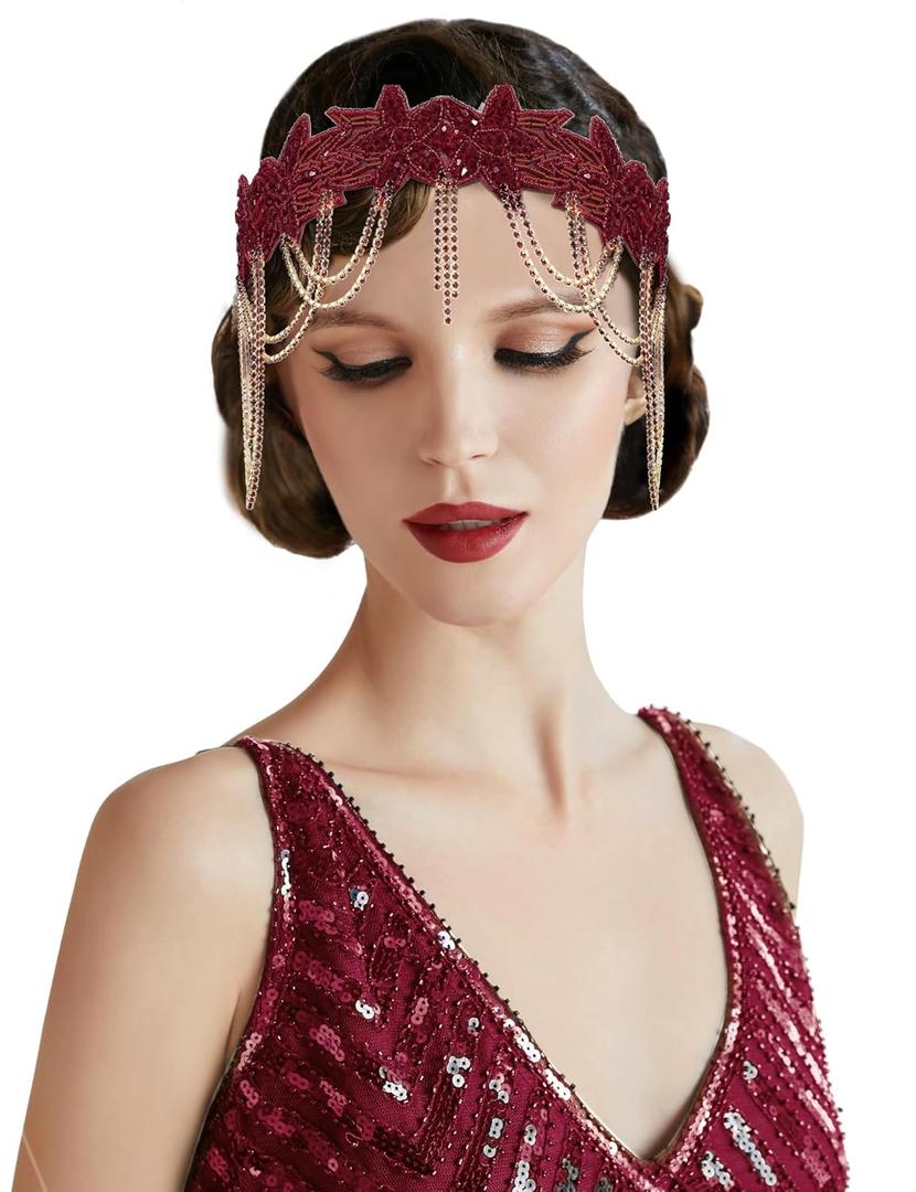 BABEYOND 1920s Flapper Headpiece Roaring 20s Headband Great Gatsby Headband Chain for Women Vintage Hair Accessory (Red)