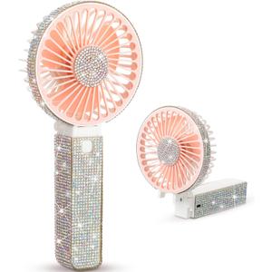 Mudder Rhinestone Handheld Fan Crystal Bling Mini Personal Fan Glitter Bedazzled Portable USB Rechargeable & Battery Operated for Girls Women Outdoor Travel Indoor Makeup Office(Pink,Foldable)