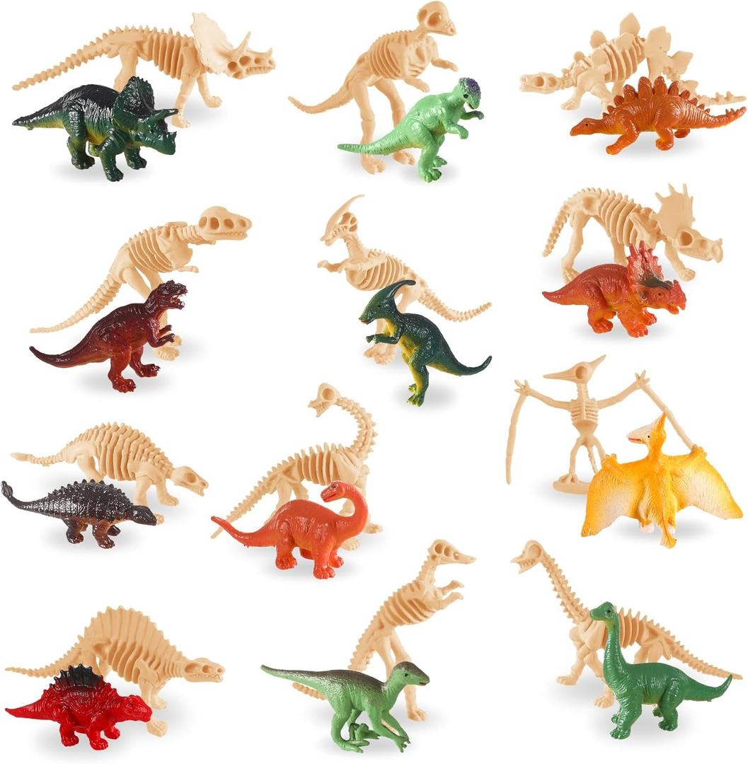 UPINS 24pcs Mini Dinosaur Figures and Dinosaur Fossil Skeletons,Plastic Dinosaurs Assorted Dino Bones with Storage Box Educational Gift for Science Play Sand Dig Party Favor Decorations