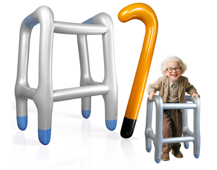 2pcs Novelty Place Inflatable Walker and Cane 2 Pcs Set for Kids and Adults - Funny Old Man Costume Accessories for Halloween, 100th Day of School, Retirement Party Decorations - Lightweight and Durable 