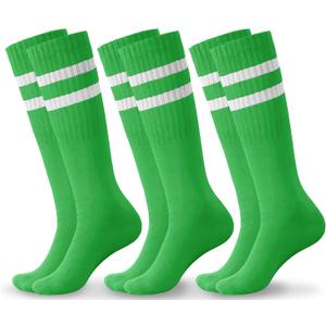 Haloumoning 3 Pairs Boys Soccer Athletic Socks Kids Striped Football Knee High Uniform Sports Tube Socks 4-15 Years (Green, M)