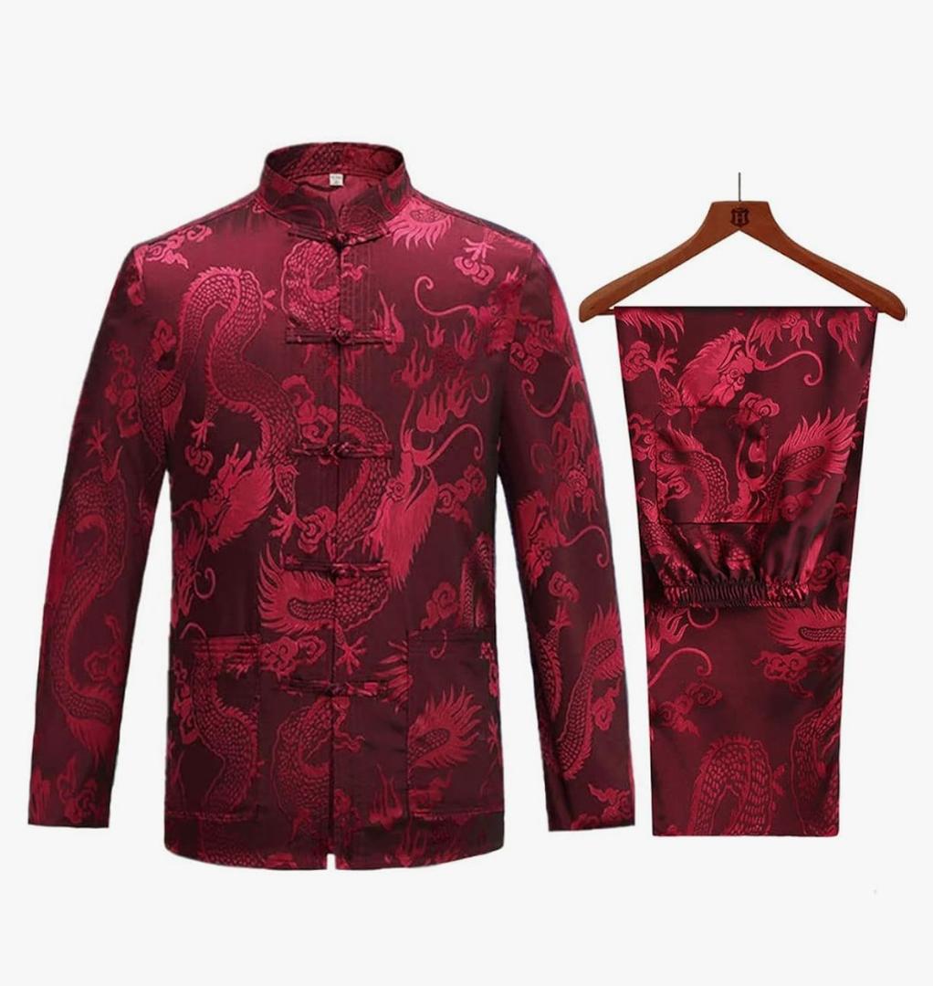 wecotton Tang Suit Men Hanfu Chinese Traditional Clothes Kung Fu Shirt Uniform Long Sleeved Coat Tops and Pants, 43