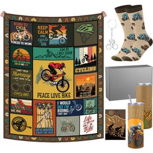 Tinlade 6 Pcs Christmas Mountain Biking Gift Bicycle Cycling Blanket Set for Men Enthusiast Include Bike Blanket 60''x50'' Insulated Tumbler Socks Greeting Card Keychain Box for Men Enthusiast
