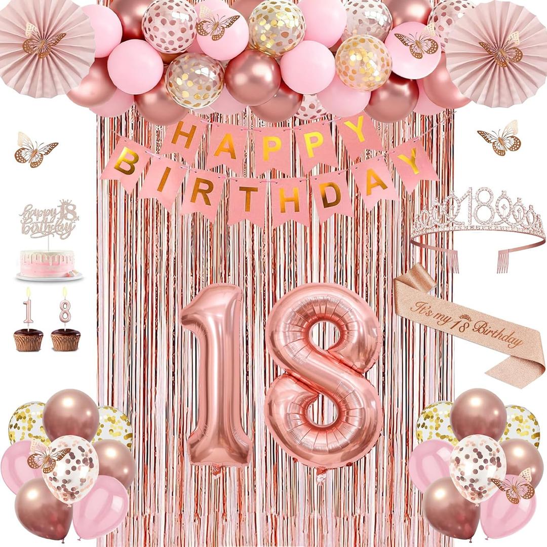 18th Birthday Decorations for Girls, Rose Gold 18 Birthday Decorations for Her, 18 Sash and Crown, Banner, Fringe Curtains, Hanging Paper Fans, 18 Year Old Party Supplies Set