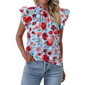 PRETTYGARDEN Women's Ruffle Short Sleeve Summer Tops 2026 Trendy Floral Trim Neck Casual Dressy Chiffon Boho Blouses Shirts L